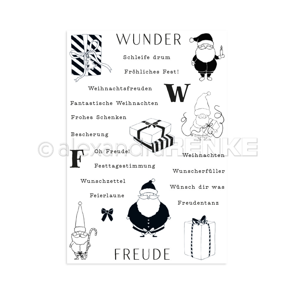 Deutsche Weihnachtsworte mit Illustrationen von Weihnachtsmann, Geschenken und einem Wichtel auf Weiß - perfekt für Komposition Weihnachtsfreude oder Clear Stamp Projekte von Alexandra Renke.