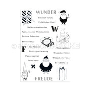 Deutsche Weihnachtsworte mit Illustrationen von Weihnachtsmann, Geschenken und einem Wichtel auf Weiß - perfekt für Komposition Weihnachtsfreude oder Clear Stamp Projekte von Alexandra Renke.