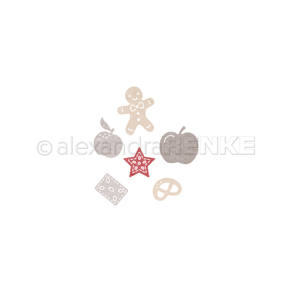 Illustration von Lebkuchenmann, Äpfeln, Brezel, Stern und quadratischen Keksen auf weißem Hintergrund - ideal für die Verwendung mit Alexandra Renke Stanzsysteme und Motivstanze Winter-Leckereien Dies.