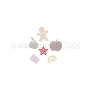 Illustration von Lebkuchenmann, Äpfeln, Brezel, Stern und quadratischen Keksen auf weißem Hintergrund - ideal für die Verwendung mit Alexandra Renke Stanzsysteme und Motivstanze Winter-Leckereien Dies.