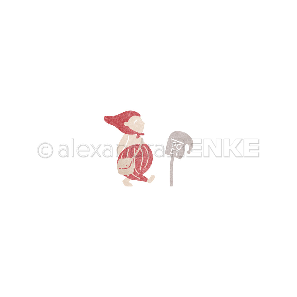 Illustration einer kleinen Figur mit roter Kappe, inspiriert von Alexandra Renkes Motivstanze Wichtel Nils, die an einer grauen Parkuhr auf weißem Hintergrund vorbeigeht.