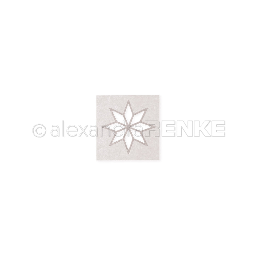 Eine quadratische Alexandra Renke Schablone mit einem achtzackigen Sternausschnitt (Motivstanze Stern) auf weißem Hintergrund, ideal für kreative Projekte mit Designpapieren und DieCut Systemen.