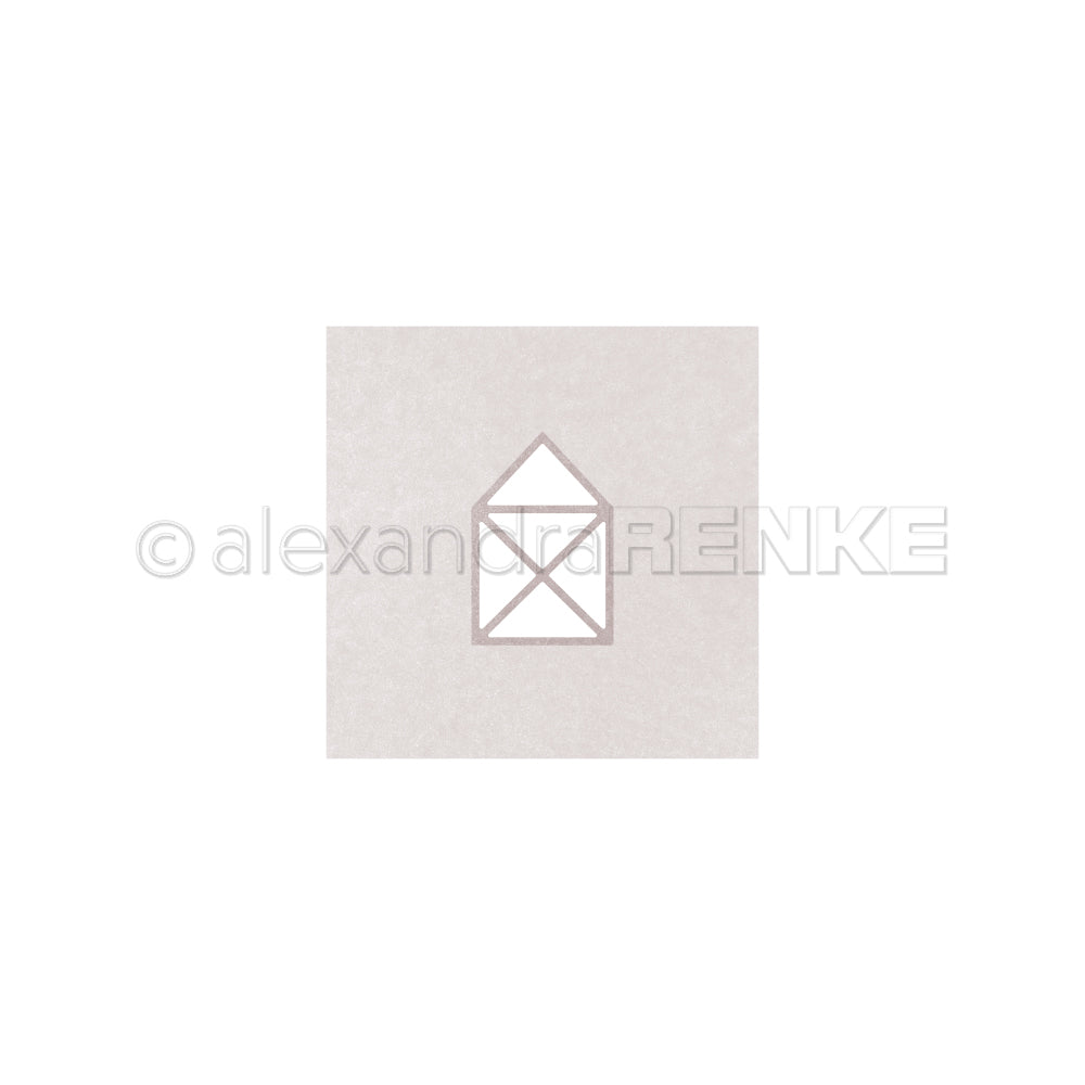 Minimalistische Linienzeichnung eines Hauses, inspiriert von Motivstanze Haus von Alexandra Renke, auf einem strukturierten weißen, quadratischen Hintergrund und zentriert auf einem einfarbigen Feld - ideal für die Verwendung mit Designpapieren in kreativen Projekten.