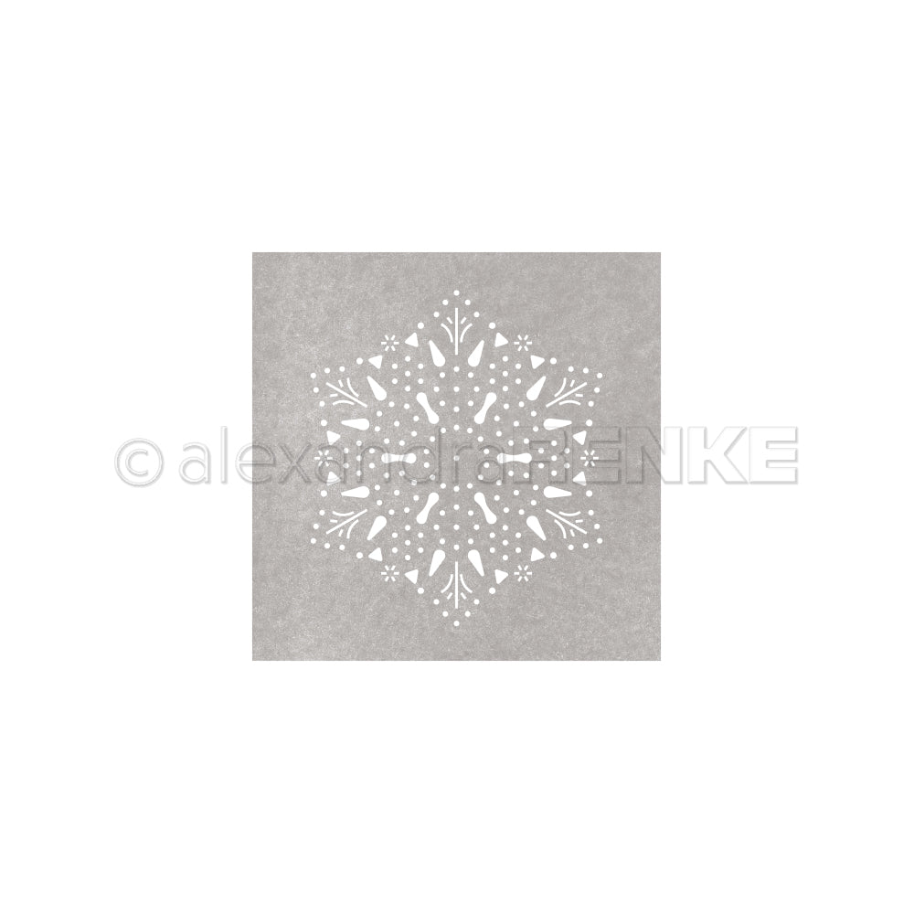 Graue, quadratische Fliese mit einem weißen, symmetrischen, floral inspirierten Ausschnittmuster in der Mitte von Alexandra Renke, das an die DieCut-Systeme-Techniken erinnert, die häufig für Designpapiere verwendet werden.