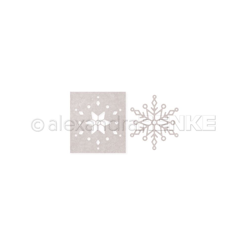 Eine ausgeschnittene Schneeflocke im Schneeflocken-Muster und die dazugehörige rechteckige Schablone, beides auf weißem Grund, unterstreichen die Präzision von Alexandra Renke.