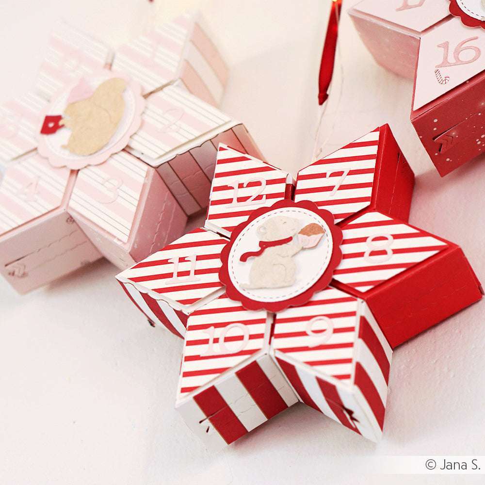 An einer weißen Wand hängen rote und rosafarbene Adventskalender in Sternform mit Zahlen und Bärenmotiven, die mit Alexandra Renke Motivstanze Tier Duo ausgestanzt wurden.