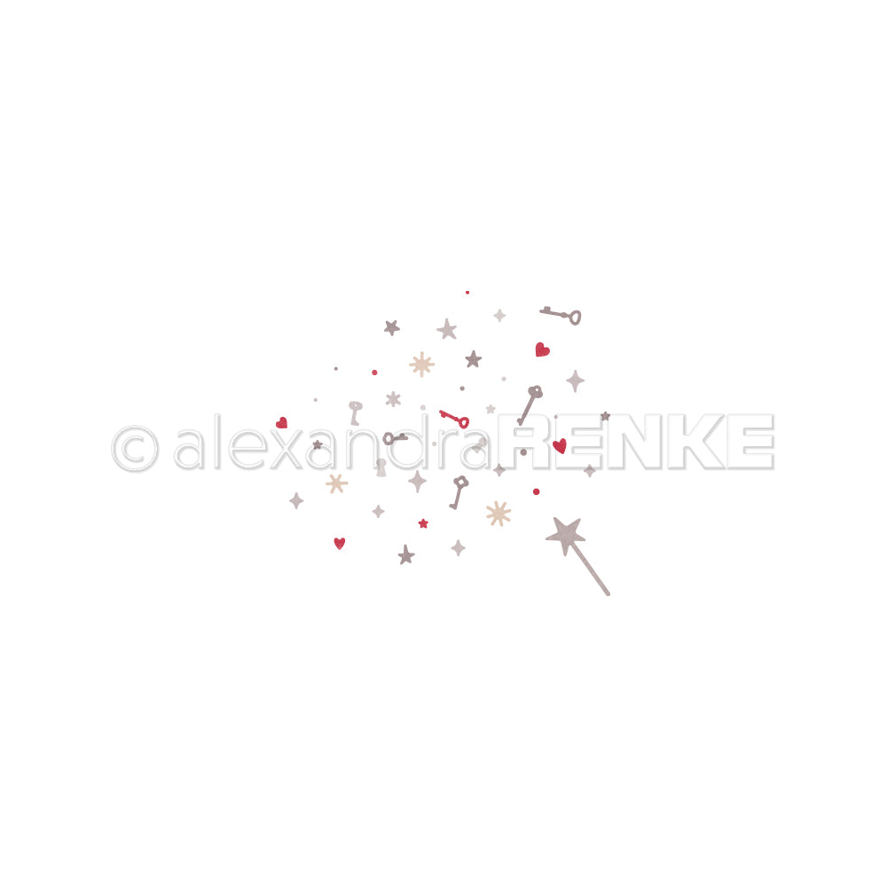 Zauberstab mit verstreuten Sternen, Herzen und Schlüsseln in gedeckten Tönen auf Weiß - ideal zur Inspiration für Designpapiere oder zur Kombination mit Ihrem Lieblingsstempel. Von der Marke Alexandra Renke.