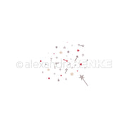 Zauberstab mit verstreuten Sternen, Herzen und Schlüsseln in gedeckten Tönen auf Weiß - ideal zur Inspiration für Designpapiere oder zur Kombination mit Ihrem Lieblingsstempel. Von der Marke Alexandra Renke.