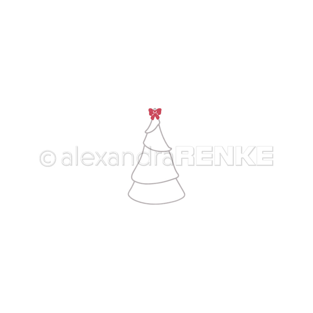 Alexandra Renke minimalistischer Tannenbaum mit roter Schleife auf der Spitze, zentriert auf einem strahlend weißen Hintergrund.