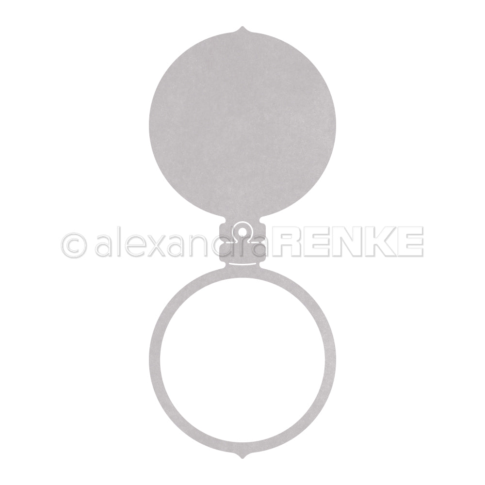 Graue Kreis- und Ringformen, die mit dem Alexandra Renke Wasserzeichen vertikal verbunden sind - ideal für den Einsatz mit Stanzsystemen oder in Kombination mit der Motivstanze Klappbare Christbaumkugel.