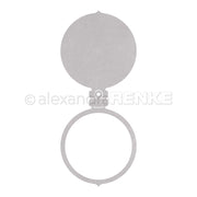 Graue Kreis- und Ringformen, die mit dem Alexandra Renke Wasserzeichen vertikal verbunden sind - ideal für den Einsatz mit Stanzsystemen oder in Kombination mit der Motivstanze Klappbare Christbaumkugel.