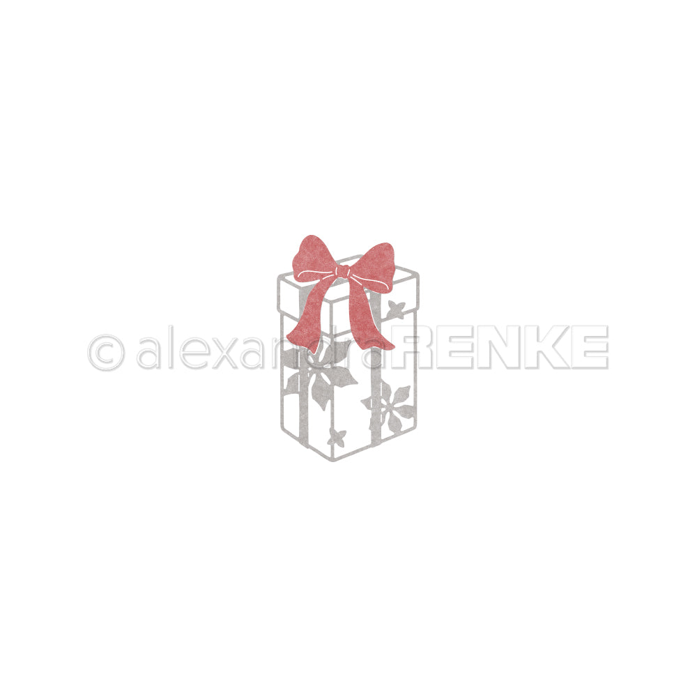 Eine Geschenkbox, eingepackt in Geschenkpapier mit Blumenmuster und verziert mit einer roten Schleife.