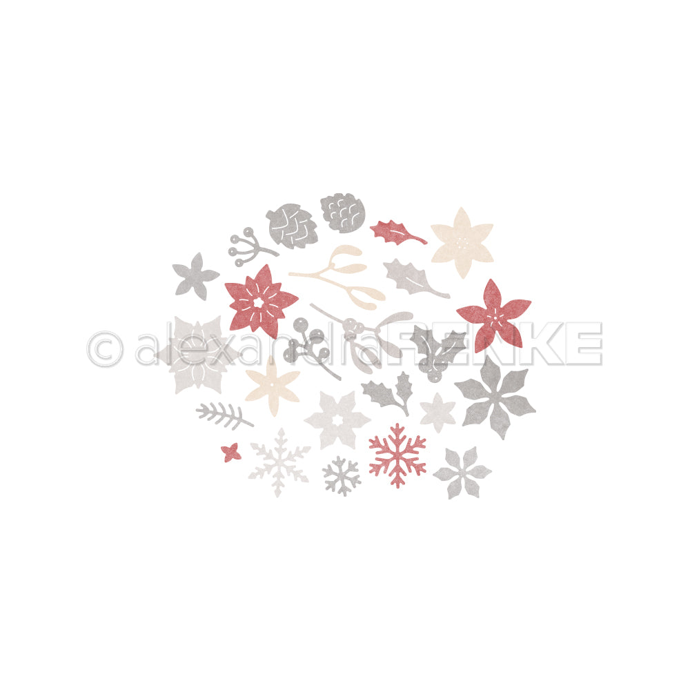Eine Sammlung festlicher Weihnachtsmotive, darunter Weihnachtssterne, Schneeflocken, Tannenzapfen und Stechpalmenblätter, die als winterliches Blumenkonfetti dienen.