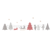 Weihnachtliche Rahmenillustration mit Bäumen, einem Hund, Kindern auf Schlitten, einem Schneemann und Sternen – perfekt für ein Design mit einer Winterspaß-Szene.
