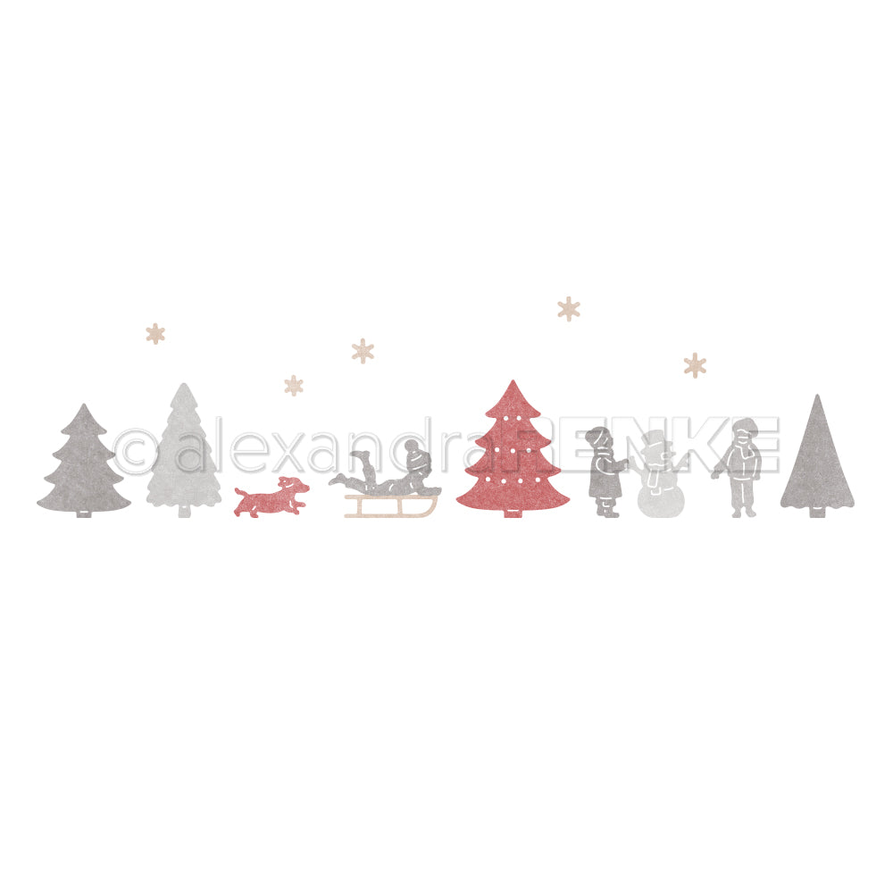 Weihnachtliche Rahmenillustration mit Bäumen, einem Hund, Kindern auf Schlitten, einem Schneemann und Sternen – perfekt für ein Design mit einer Winterspaß-Szene.
