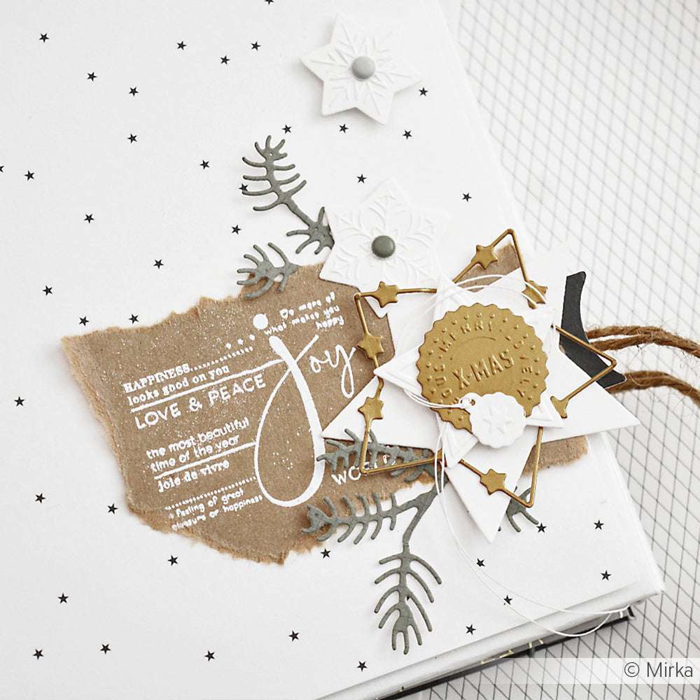 Eine handgefertigte Weihnachtskarte von Alexandra Renke mit geschichtetem Papier, Stern- und Blattformen und "Freude" auf braunem Bastelpapier - perfekt für Papierprojekte oder zum Verzieren mit Ihren Lieblings-Holzstempel-Motiven.