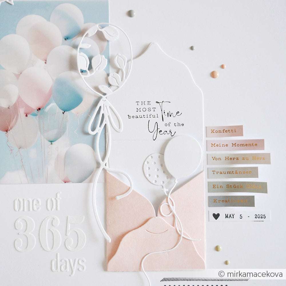 Scrapbook-Seite mit pastellfarbenen Luftballons, Ballonausschnitten und einem herzlichen Text zum 5. Mai 2025 - wunderschön akzentuiert mit hochwertigen Holzstempeln von Alexandra Renke für einen charmanten, handgemachten Touch.