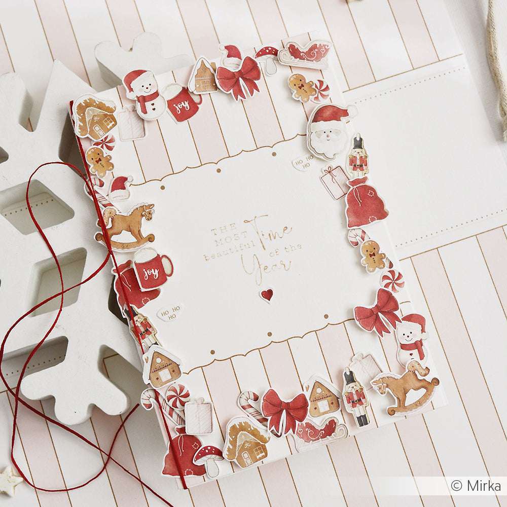 Handgefertigte Weihnachtskarte von Alexandra Renke mit festlichen Stickern - Weihnachtsmann, Geschenke, Lebkuchen, Schleifen - auf einem linierten Hintergrund und einem charmanten Stempelmotiv für eine einzigartige Note.