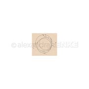 Abstraktes Design mit sich überlappenden Kreisen und Punkten, inspiriert von Sternenkreisen, auf einem Holzquadrat mit Stempelgummi-Detail. Design von Alexandra Renke, zentriert auf einem weißen Hintergrund.