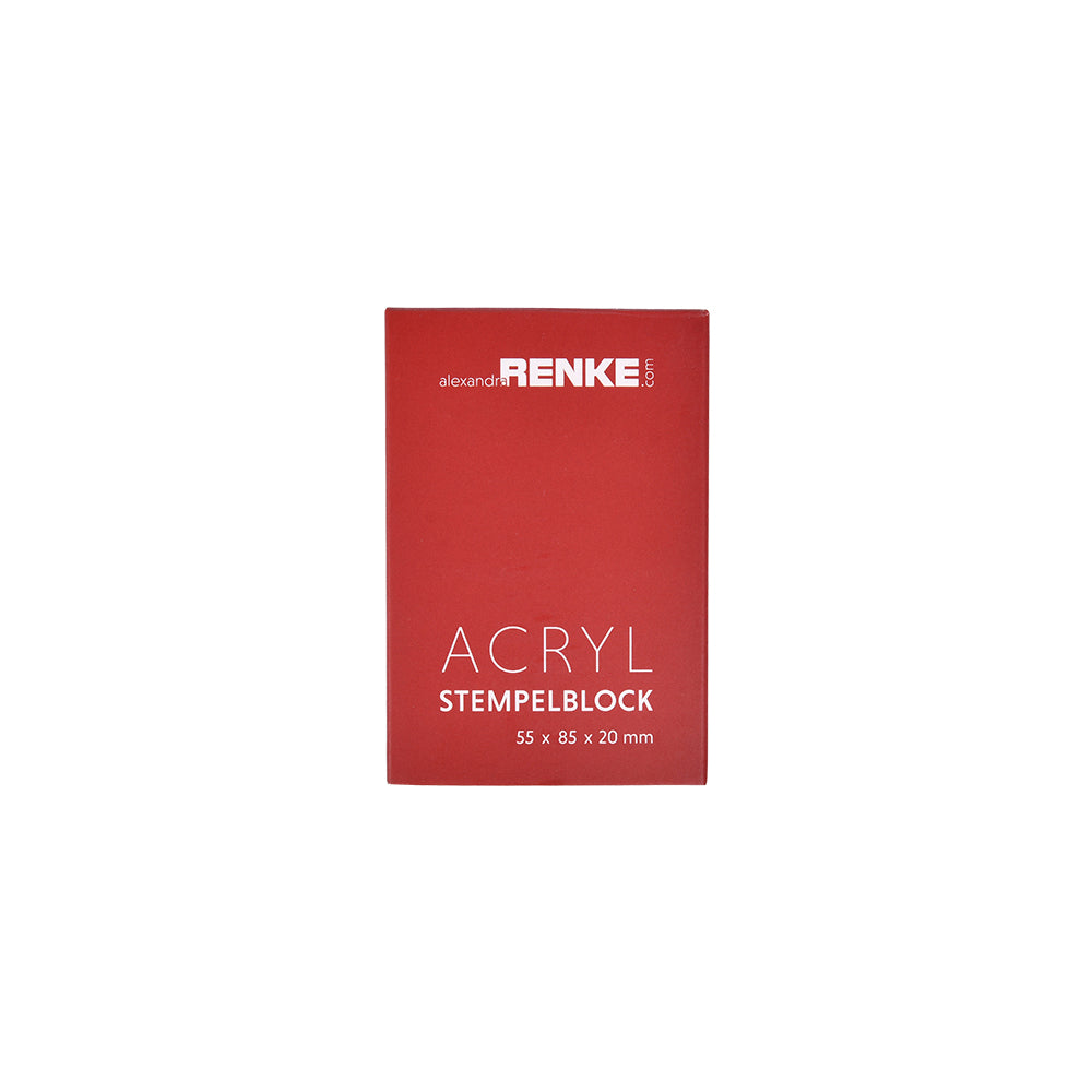 Der Acryl Stempelblock 55 x 85 x 20 mm von Alexandra Renke kommt in roter rechteckiger Verpackung und ist ideal für präzises Stempeln. Seine kompakte Größe macht ihn perfekt für detaillierte Bastelprojekte.