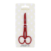BOHIN France Schere in roter Ausführung, präsentiert in einer Verpackung mit dekorativ gemustertem Hintergrund, gekennzeichnet als „Epoxy Scissors 11 cm“ und dank einer speziellen Epoxidbeschichtung für ihre herausragende Schnittpräzision geschätzt.