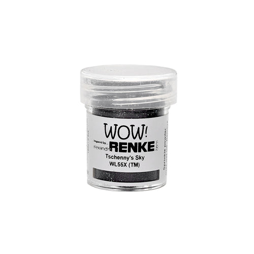 Ein kleines durchsichtiges Plastikgefäß von WOW Embossing Powder, beschriftet mit RENKE Tschenys Sky WL55X mit weißem Deckel, perfekt für die Verwendung mit Embossing Stempelkissen und WOW Embossing Powders.