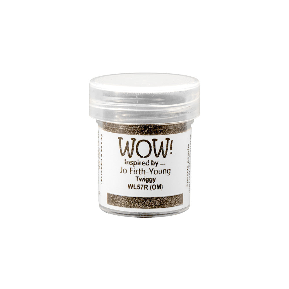 Kleines durchsichtiges Plastikgefäß mit der Aufschrift WOW Embossing Powder, gefüllt mit Metallic-Pulver - perfekt für die Verwendung mit Ihrem Lieblingsprägeföhn.