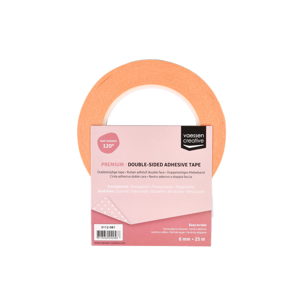 Ein Vaessen doppelseitiges Klebeband, 6mm x 25m, in rosa Verpackung - ideal für Bastelbedarf und perfekt für präzise DIE-CUT Technik Projekte.