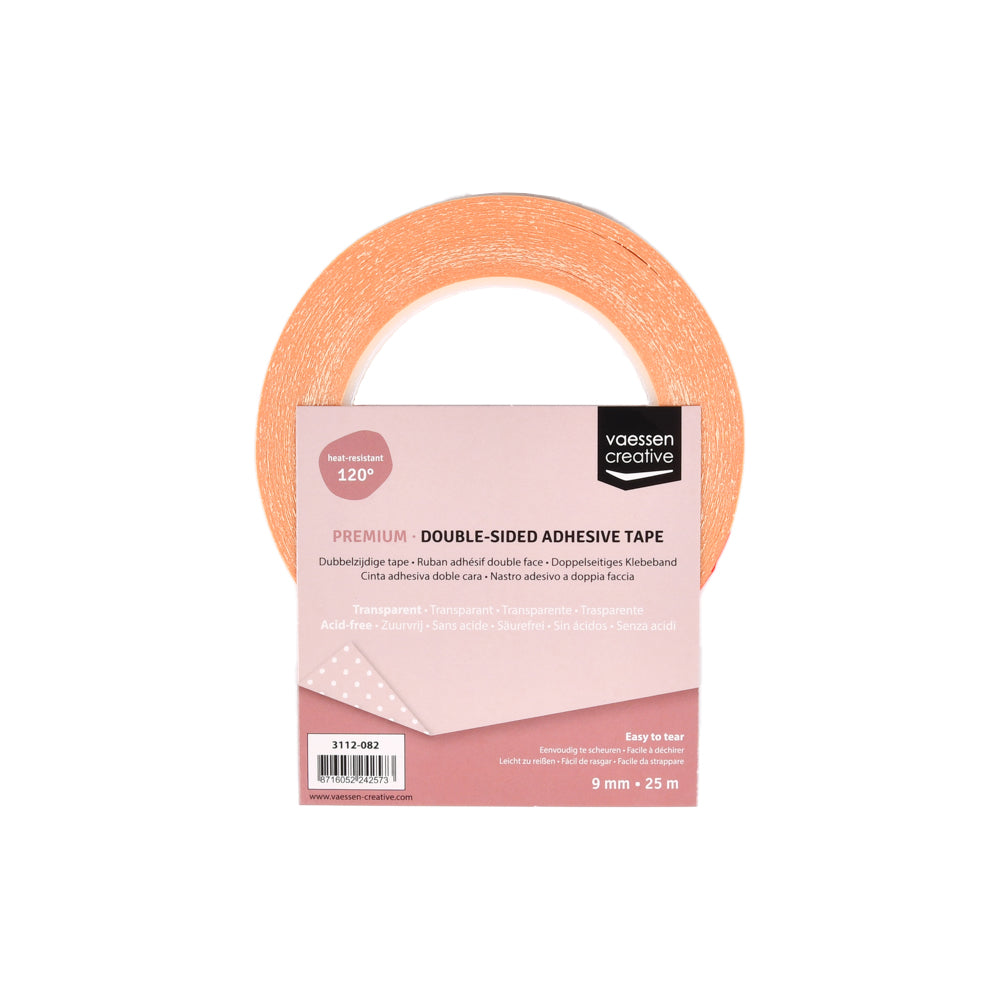 Eine Rolle Vaessen doppelseitiges Klebeband (9mm x 25m) in rosa Verpackung - ideal für Bastelbedarf und perfekt für Die-Cut Technik.