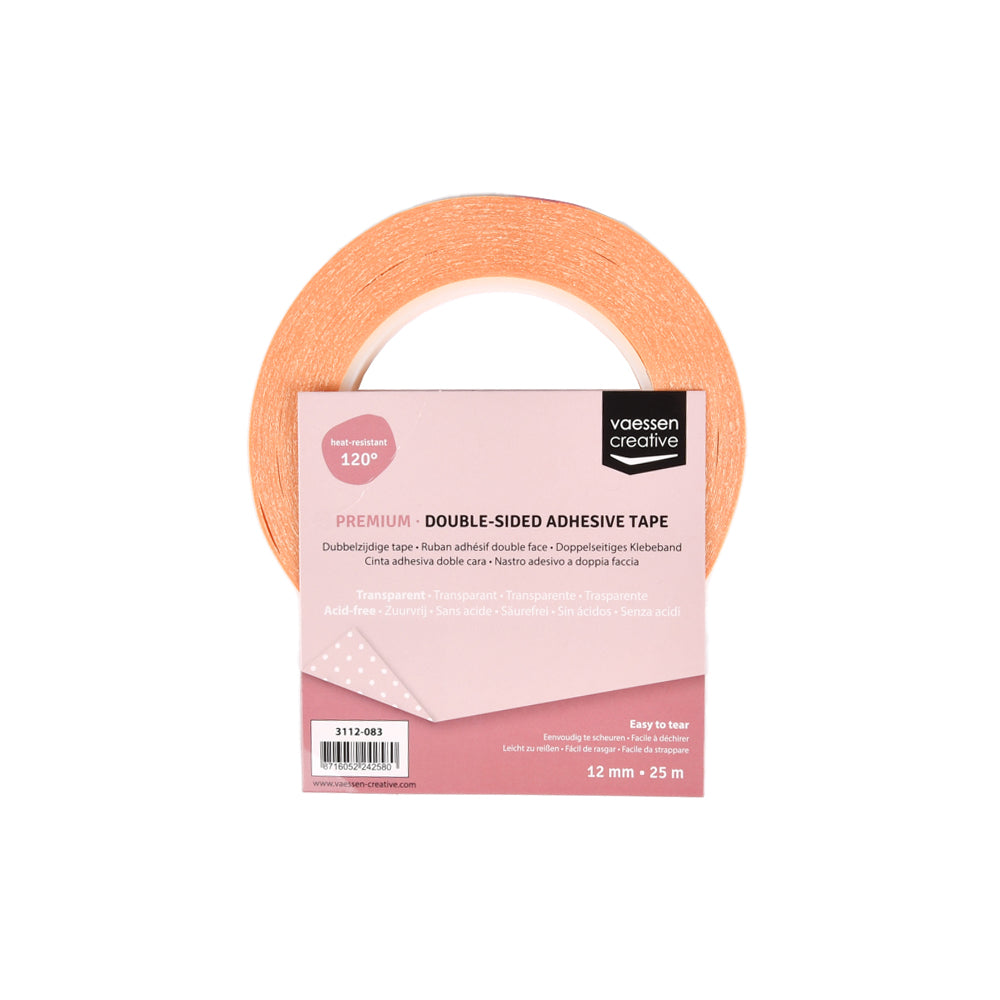 Eine Rolle doppelseitiges Klebeband von Vaessen, 12 mm x 25 m, in orangefarbener Verpackung - ideal für Bastel- und Stanzprojekte.