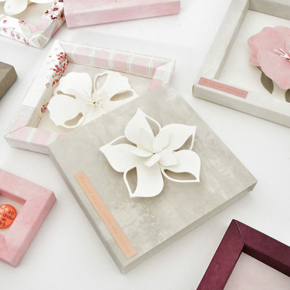 We R Memory Keepers Schattenboxen mit 3D-Papierblumen in zarten Pastellfarben, kunstvoll auf weißer Fläche arrangiert.