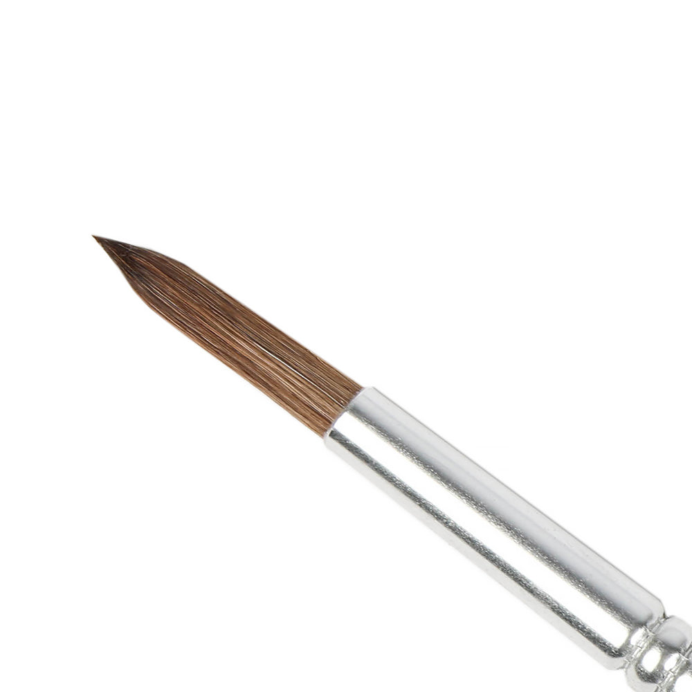 Eine Nahaufnahme eines Royal Talens Pinsels mit feiner Spitze und silbernem Stiel auf weißem Hintergrund, ideal für die präzise Aquarellmalerei.