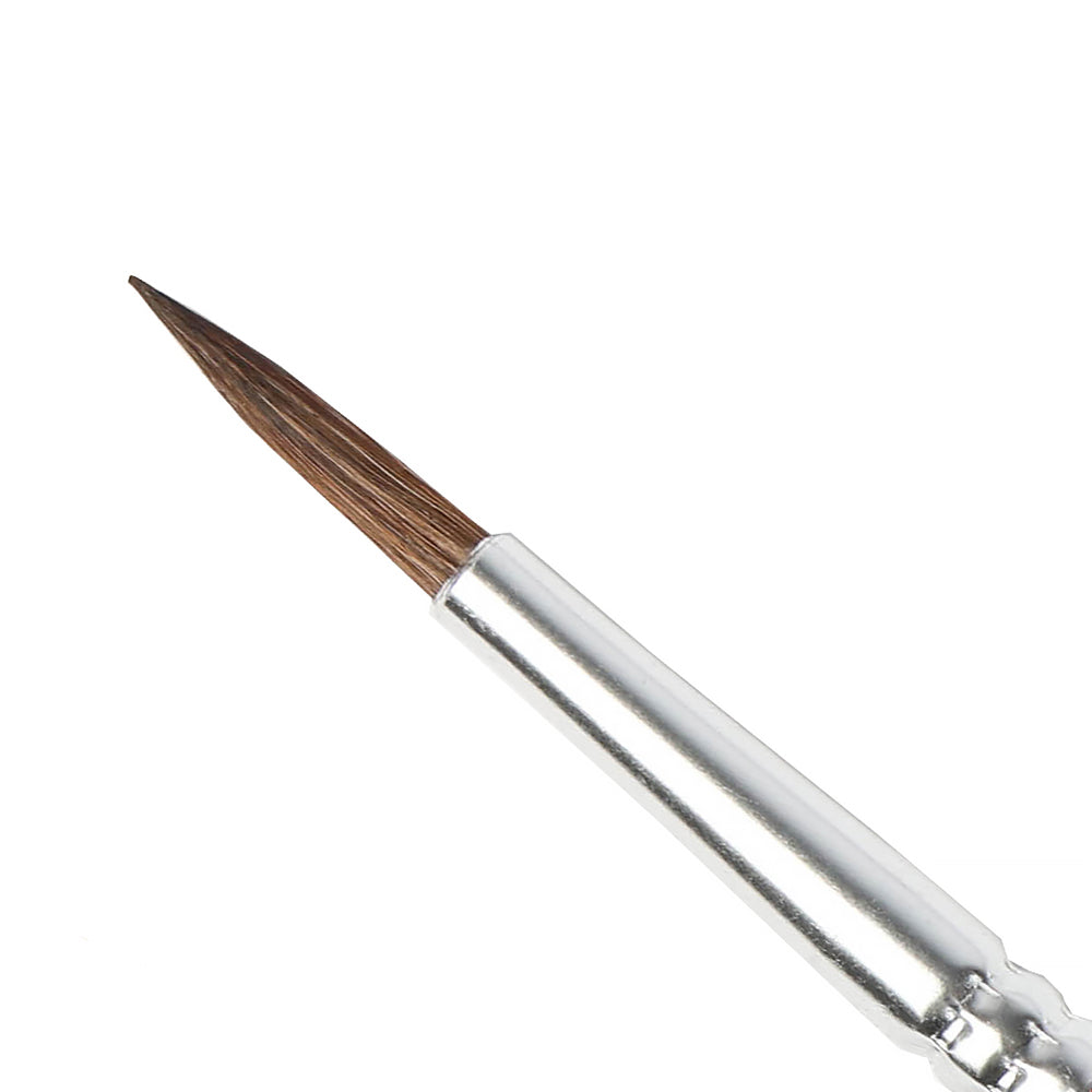 Eine Nahaufnahme eines Royal Talens Pinsels mit feiner Spitze und silberner Zwinge vor einem weißen Hintergrund.