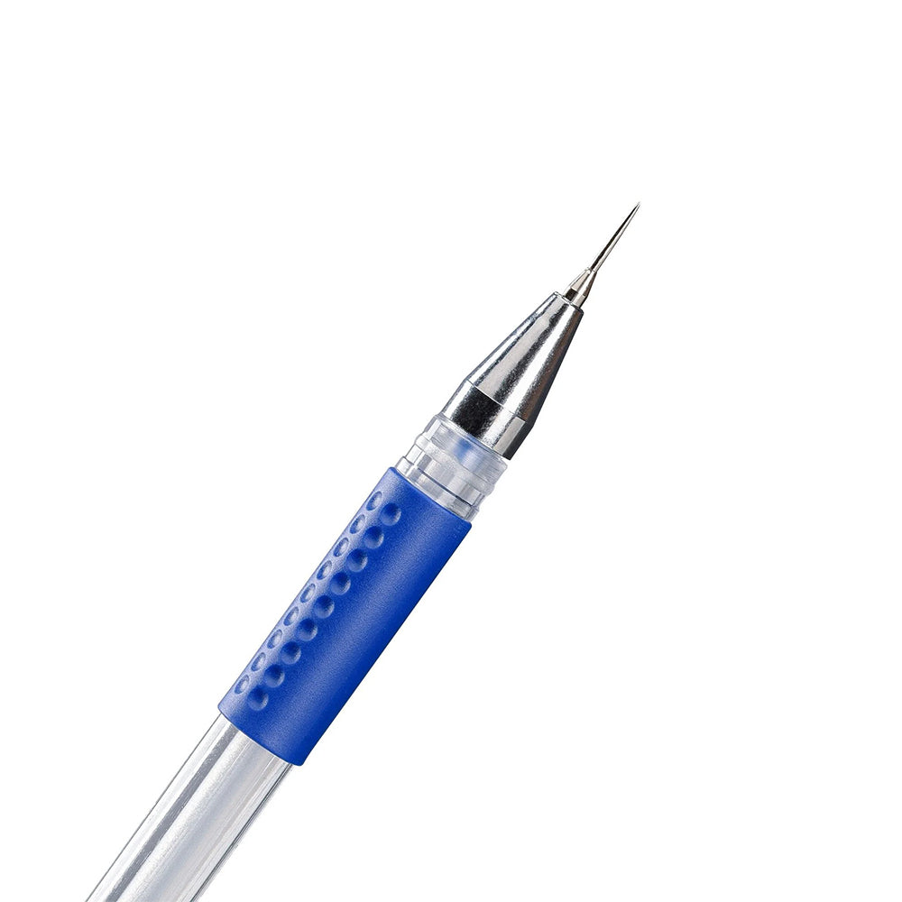 Ein Vaessen-Druckbleistift mit blauem Griff und feiner Metallspitze, ideal für präzise Bastelprojekte, vor weißem Hintergrund.