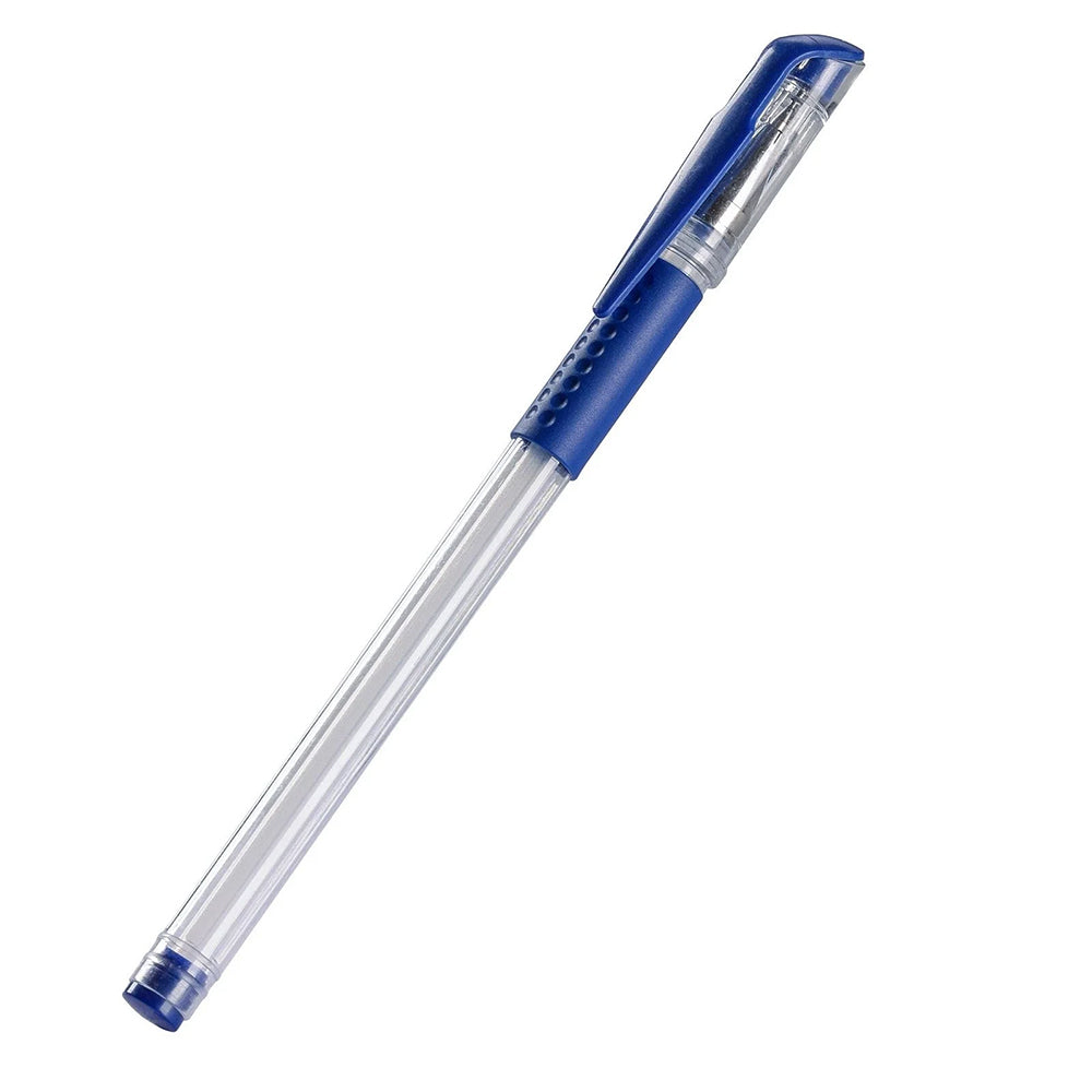 Auf weißem Hintergrund ist ein Vaessen-Kugelschreiber mit blauer Kappe, transparentem Schaft und feiner Metallspitze abgebildet.